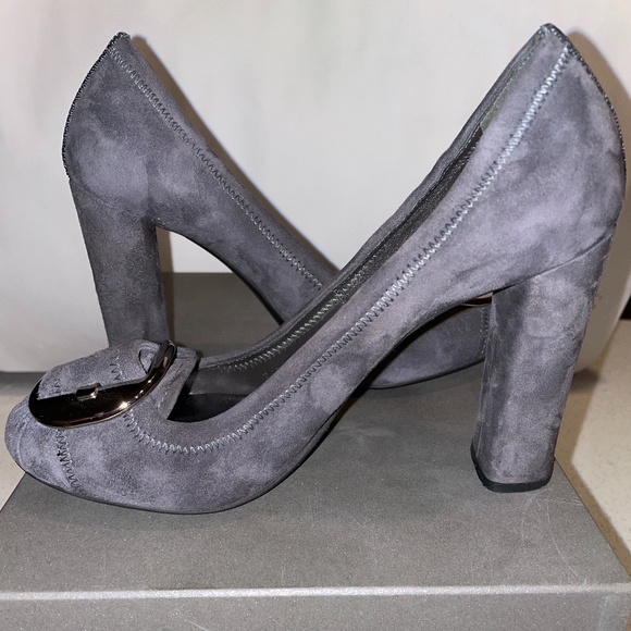 Prada Gray Suede Round Toe Block Heel Pumps - Picture 1 of 6